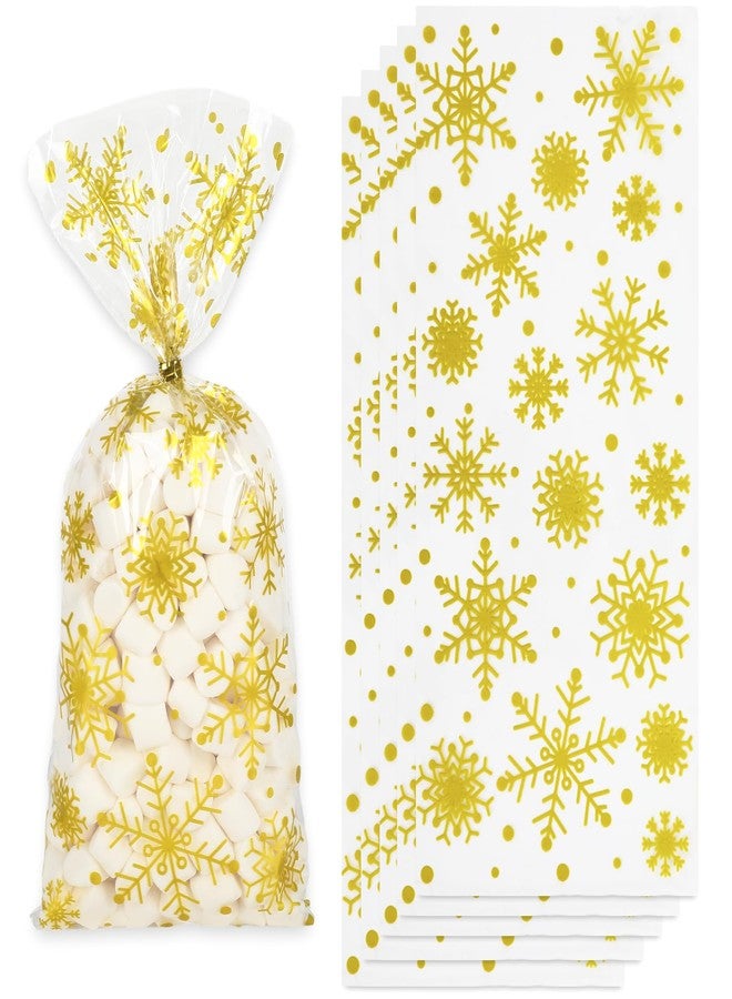 وولاين مجموعة Whaline من 160 كيسًا بلاستيكيًا شفافًا ذهبي اللون لتغليف هدايا حفلات عيد الميلاد، بتصميم ندفة الثلج، مثالية لتغليف الحلويات والبسكويت. - Image 1